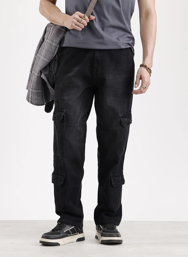 Washed Loose Fit Cargo Denim   |  Grey